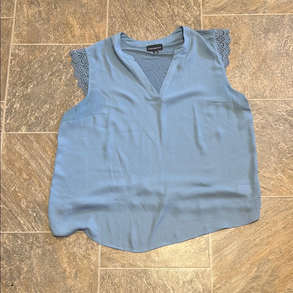 Elegant Light Blue V-Neck Blouse with Lace Sleeves